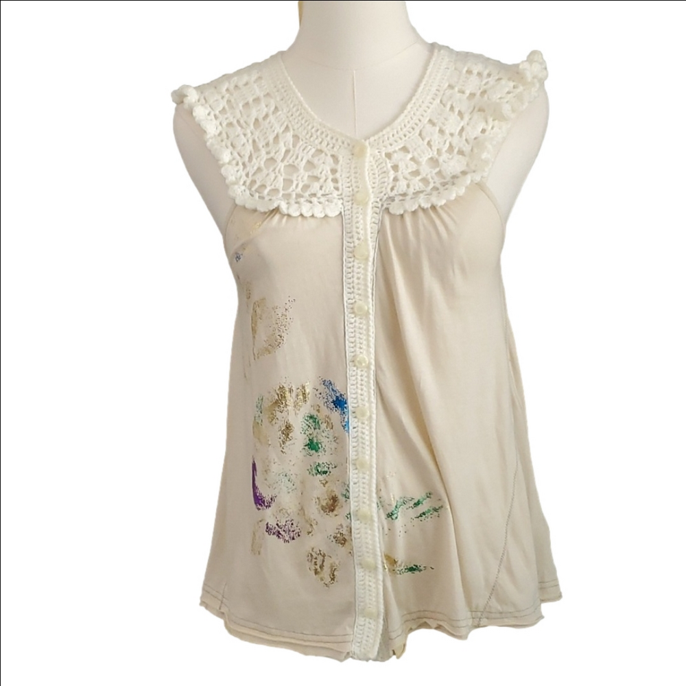 Rare Free People Crochet neckline metallic Splatter button front Tank xs